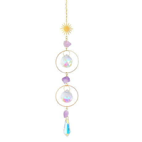 Hanging crystal prism suncatcher with rainbow octagon beads for window display, rainbow casting, and bright decorative styling.