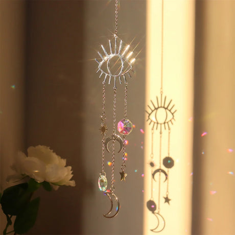 Crystal Prism Sun Catcher Wind Chime hanging ornament for catching sunlight, making rainbow reflections, and decorating indoor spaces.