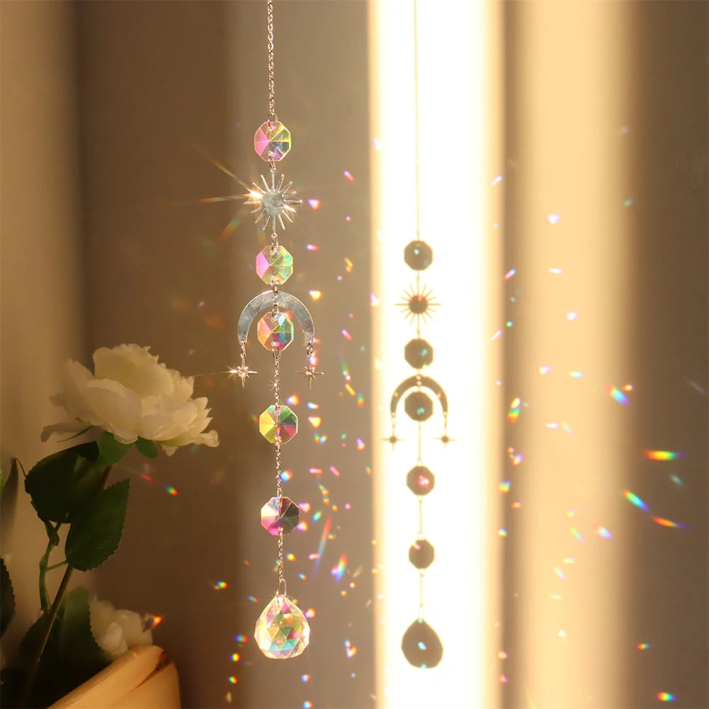 Hanging prism crystal sun catcher dream catcher decor for window use, sparkling sunlight display, and bohemian room decoration.