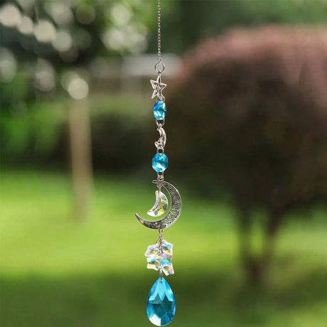 Hanging Star and Moon crystal suncatcher décor for window ornament use, rainbow light reflection, and celestial-inspired decorating.