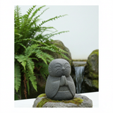 Happy Jizo Buddha mini volcanic stone figurine for Buddhist altar styling, mindfulness spaces, and spiritual décor.