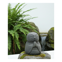 Happy Jizo Buddha mini volcanic stone figurine for Buddhist altar styling, mindfulness spaces, and spiritual décor.