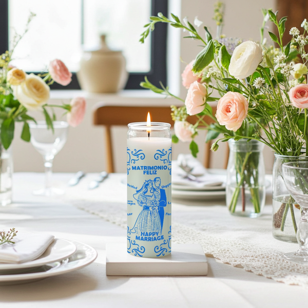 Happy Marriage white 7 day candle for love, commitment, and marriage blessing rituals.