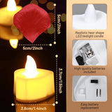 Heart Shaped LED Tea Lights with Rose Petals specification diagram for sizing details, battery life, and product features.