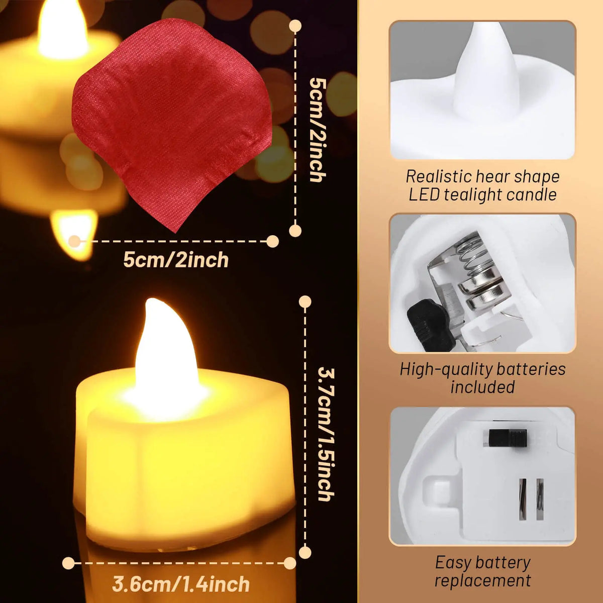 Heart Shaped LED Tea Lights with Rose Petals specification diagram for sizing details, battery life, and product features.