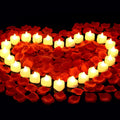 Heart Shaped LED Tea Lights with Rose Petals display for weddings, anniversaries, and romantic evenings.