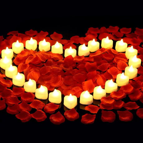 Heart Shaped LED Tea Lights with Rose Petals display for weddings, anniversaries, and romantic evenings.