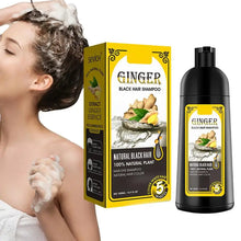 Herbal Black Hair Dye Shampoo 500ml packaging with person applying product to hair.