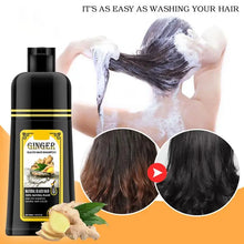 Herbal Black Hair Dye Shampoo 500ml before and after results showing gray to black coverage.