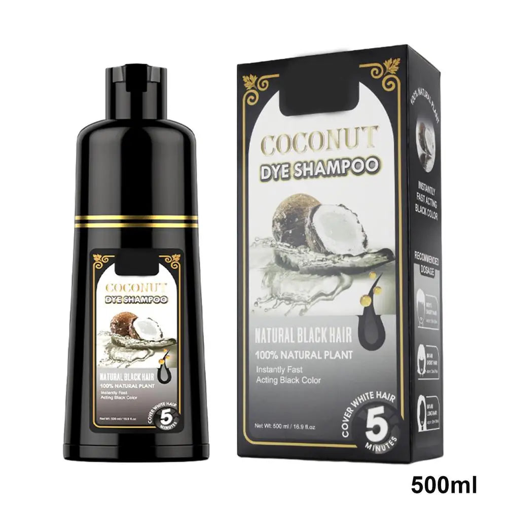 Herbal Black Hair Dye Shampoo 500ml coconut formula packaging and bottle on white background.