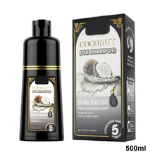 Herbal Black Hair Dye Shampoo 500ml coconut formula packaging and bottle on white background.