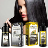 Herbal Black Hair Dye Shampoo 500ml — woman with black hair holding product on gray background.