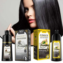 Herbal Black Hair Dye Shampoo 500ml — woman with black hair holding product on gray background.