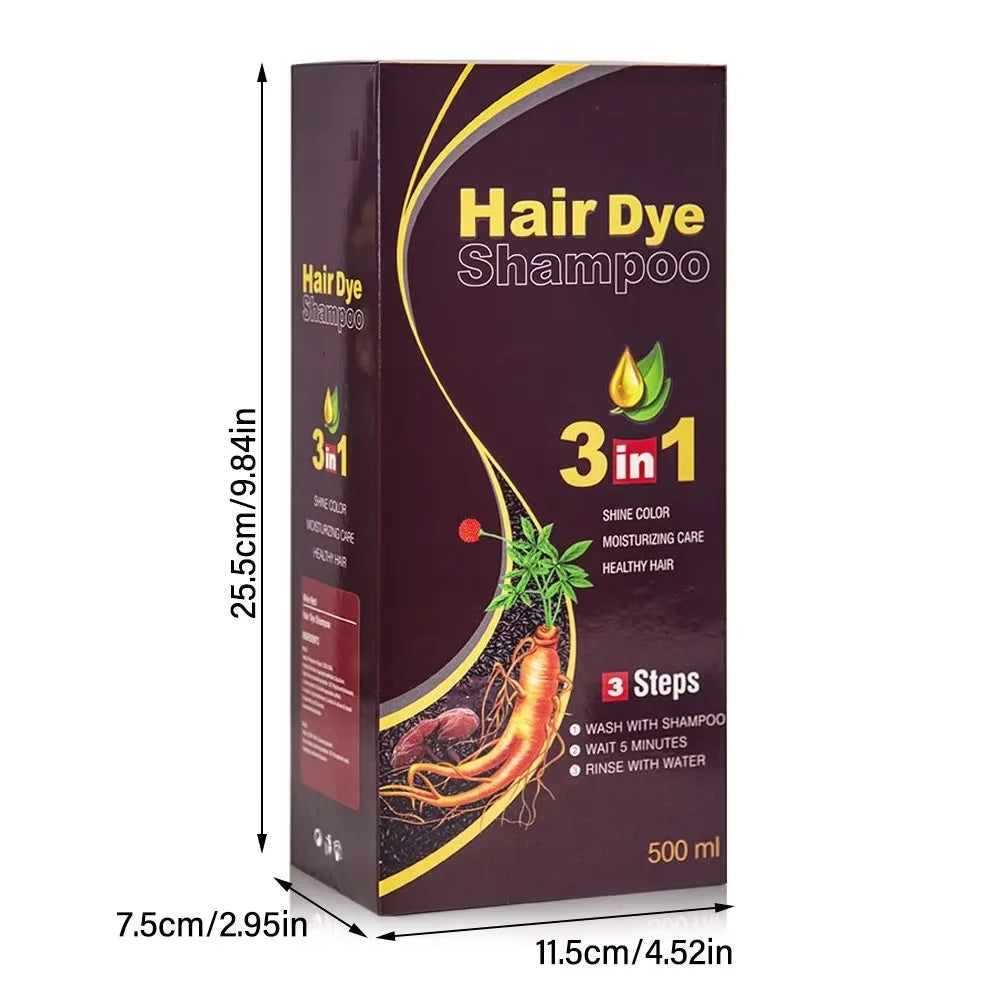 3-in-1 Herbal Black Hair Dye Shampoo box with dimensions on white background.