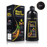 3-in-1 Herbal Black Hair Dye Shampoo packaging and bottle on white background for black hair.