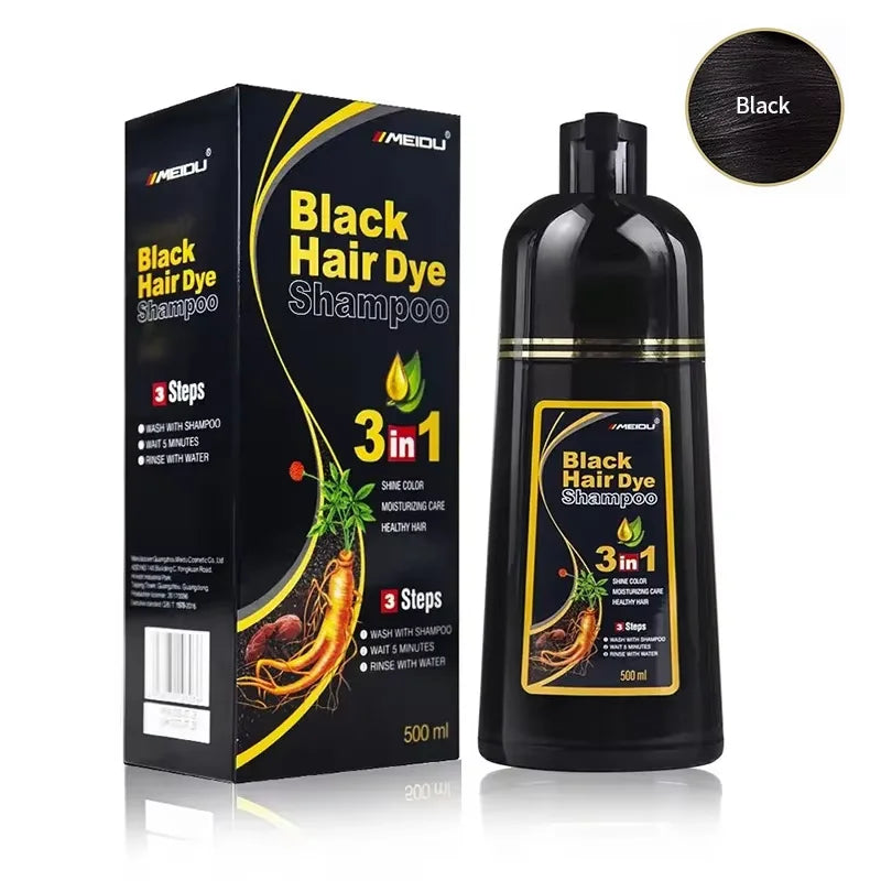 3-in-1 Herbal Black Hair Dye Shampoo packaging and bottle on white background for black hair.