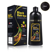 3-in-1 Herbal Black Hair Dye Shampoo packaging and bottle on white background for black hair.