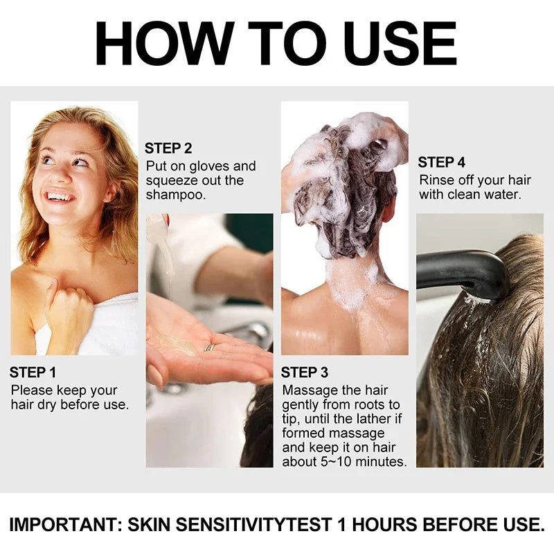 3-in-1 Herbal Black Hair Dye Shampoo step-by-step usage guide with visual instructions.