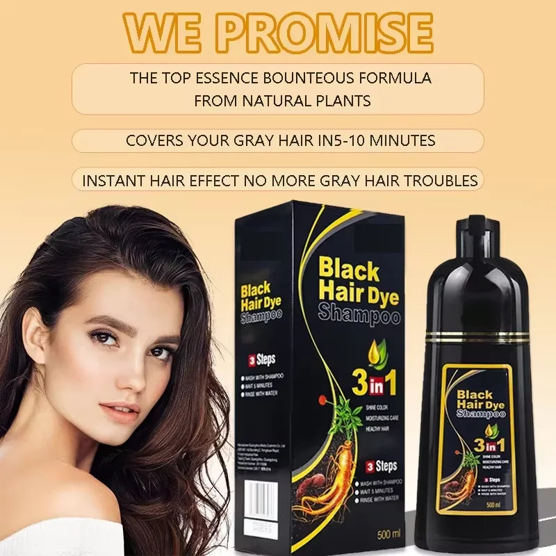 3-in-1 Herbal Black Hair Dye Shampoo packaging with woman showing natural black hair results.