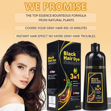 3-in-1 Herbal Black Hair Dye Shampoo packaging with woman showing natural black hair results.