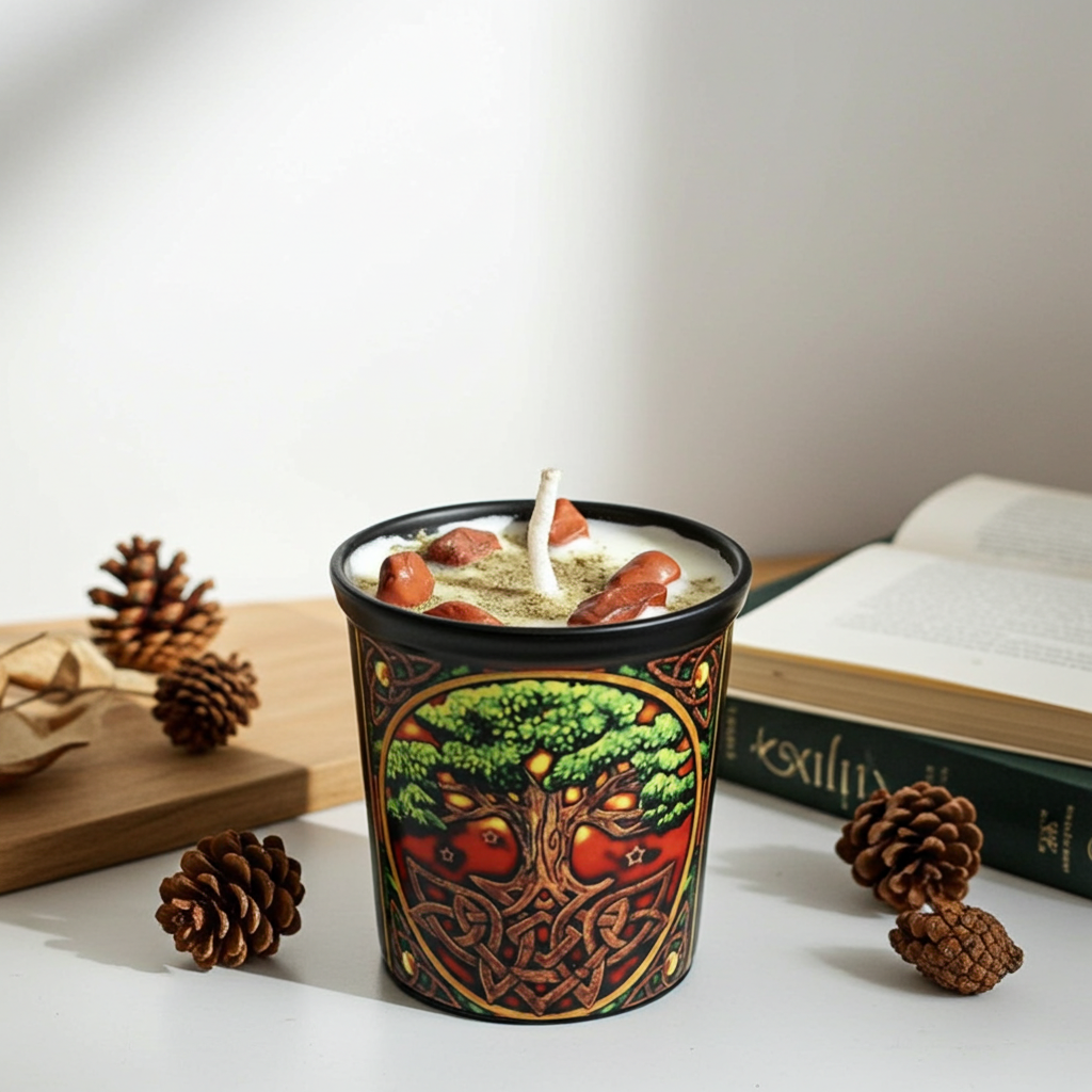 Herbal Tree of Life votive candle with crystal stones for calming ambiance, ritual practice, and home fragrance use.