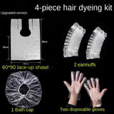 Herbal Hair Dye Shampoo 4-piece accessory kit with shawl, ear muffs, bath cap, and gloves on black background.