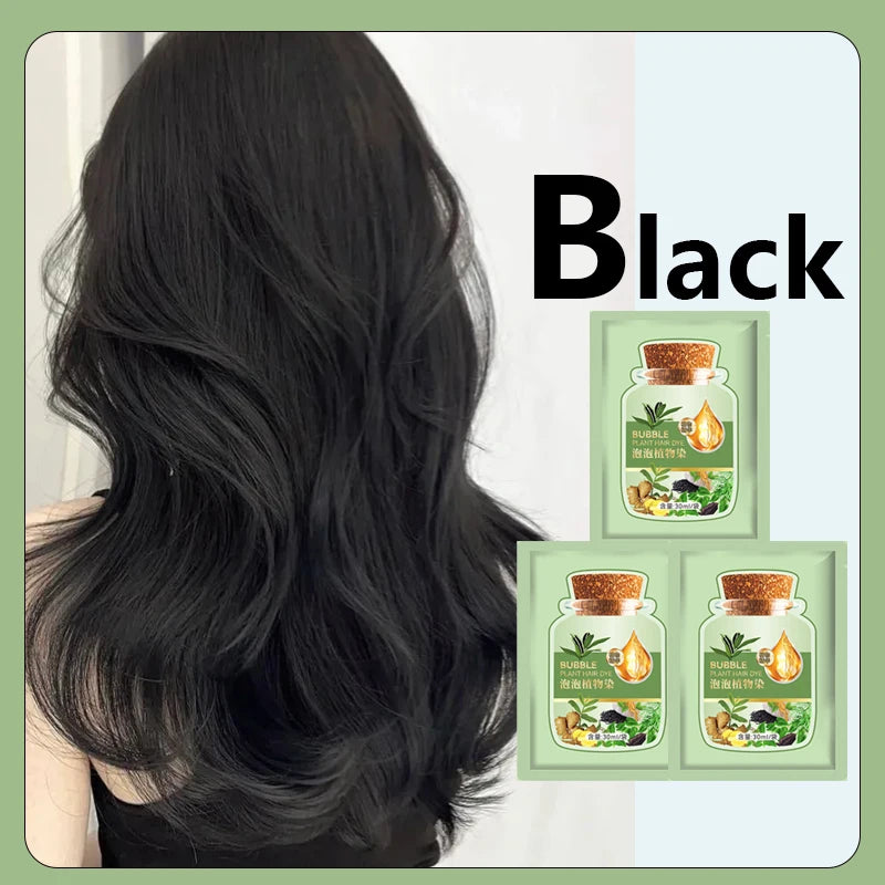 Herbal Hair Dye Shampoo in black shade — product sachet on light green background.