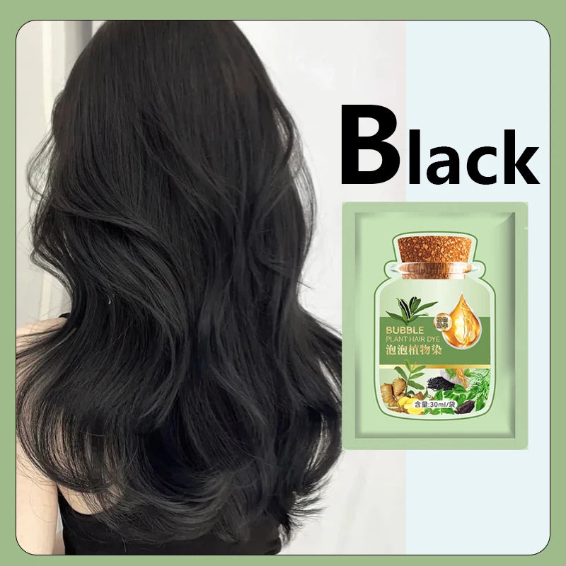 Herbal Hair Dye Shampoo in black shade — person with black hair and product packaging on white background.