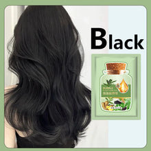 Herbal Hair Dye Shampoo in black shade — person with black hair and product packaging on white background.