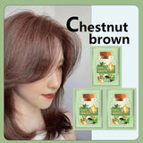 Herbal Hair Dye Shampoo in chestnut brown — person with chestnut brown hair and product packaging.