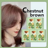 Herbal Hair Dye Shampoo in chestnut brown — person with chestnut brown hair next to product packaging.