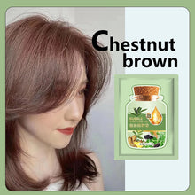 Herbal Hair Dye Shampoo in chestnut brown — woman with long chestnut brown hair next to product bottle.