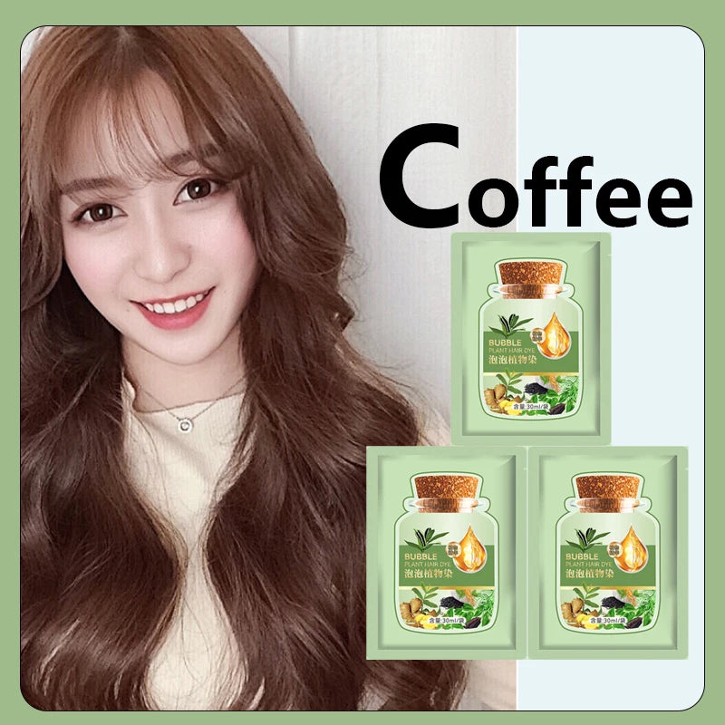 Herbal Hair Dye Shampoo in coffee shade — woman with long hair next to green packaging.