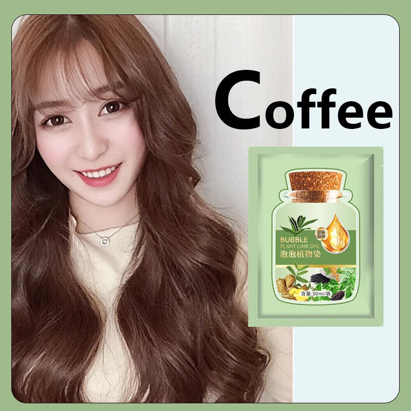 Herbal Hair Dye Shampoo in coffee shade — woman with long hair next to coffee-labeled packaging on green background.