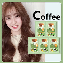 Herbal Hair Dye Shampoo in coffee shade — person with long hair and coffee packaging on green background.
