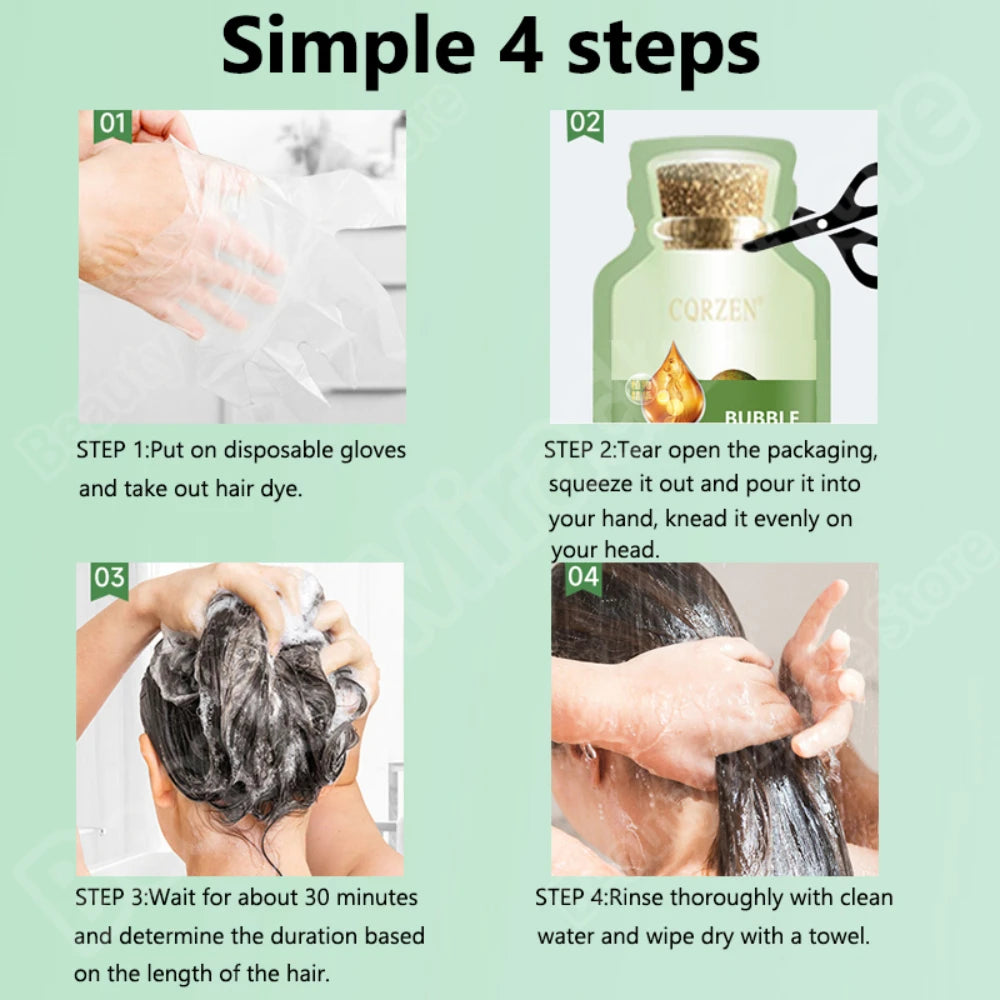 Herbal Hair Dye Shampoo step-by-step application guide with images and instructions.