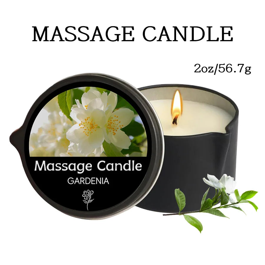 Herbal massage candle with essential oils in a scented wax jar for nourishing massage, calming rituals, and skin-softening care.