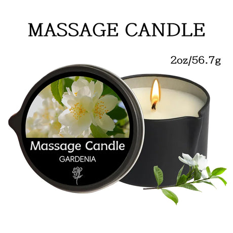 Herbal massage candle with essential oils in a scented wax jar for therapeutic massage, calming rituals, and skin-softening care.