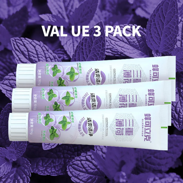 Herbal Mint Toothpaste three-tube value pack for fluoride-free daily oral care and plaque removal.