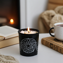 Herbal Pentacle votive candle with crystal stones for meditation, spellwork, and sacred space setting.