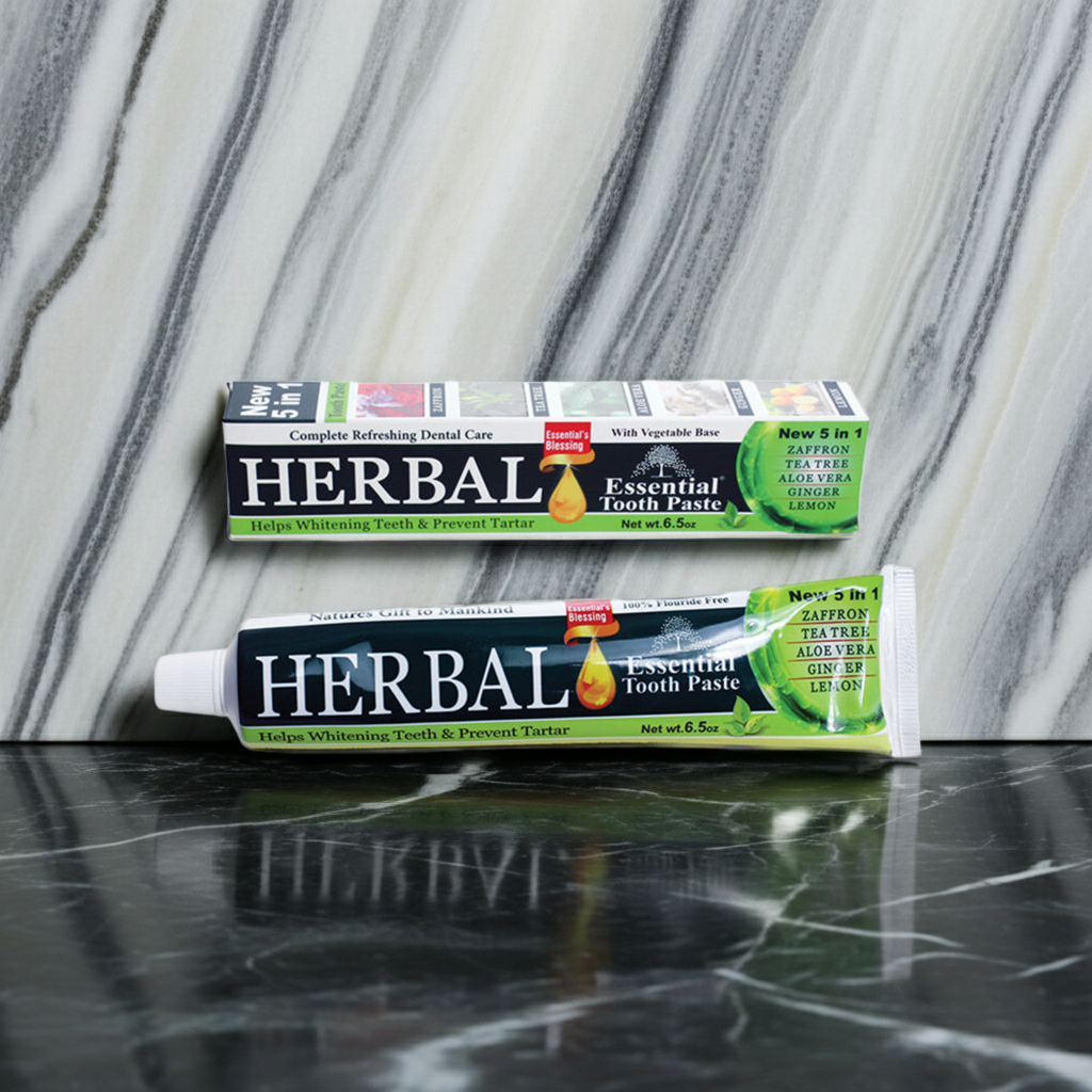 Herbal Essential Toothpaste tube for brushing teeth, freshening breath, and routine oral care.