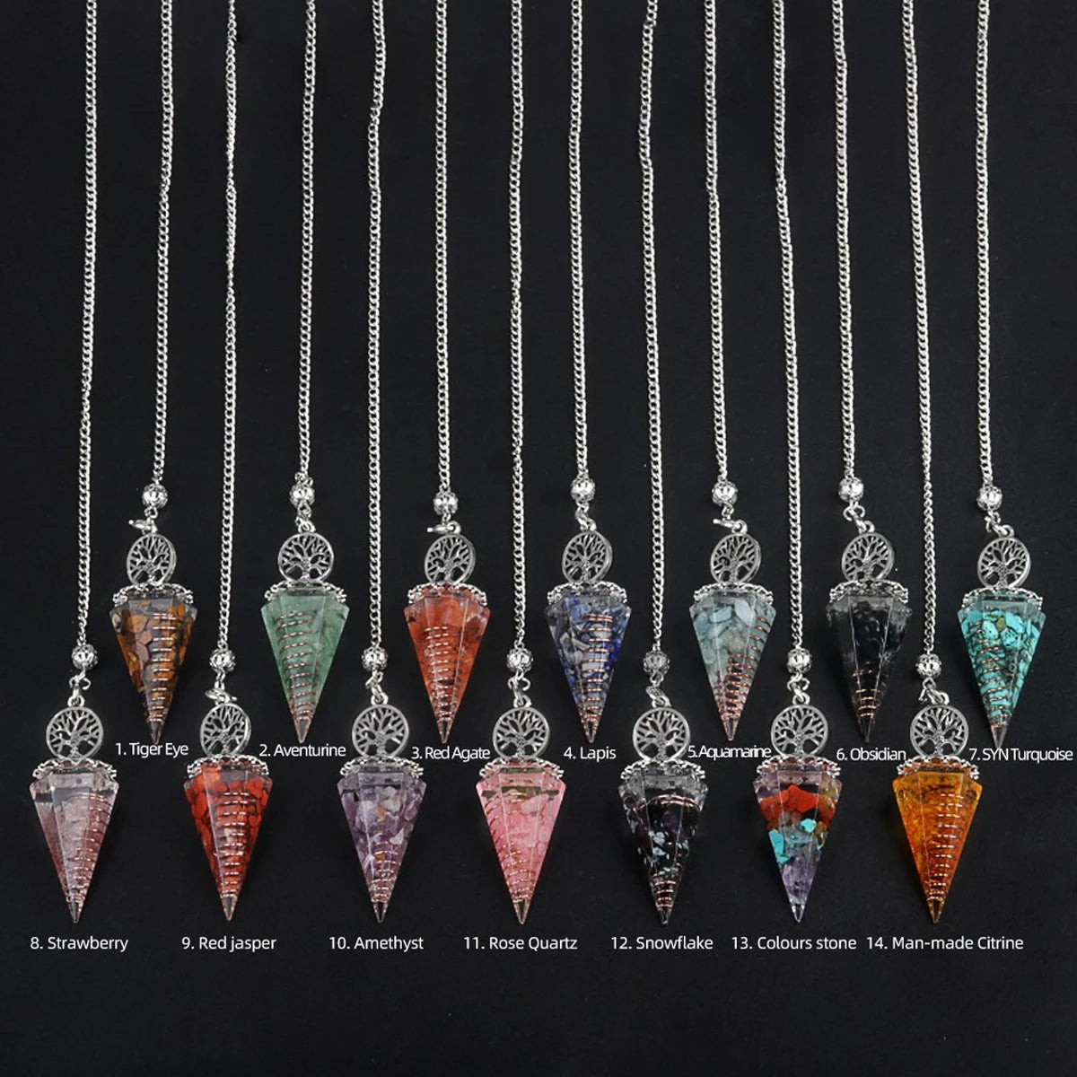 Hexagon crystal Tree of Life necklace pendulum with pointed stone charm for spiritual protection, chakra work, and mindful wear.