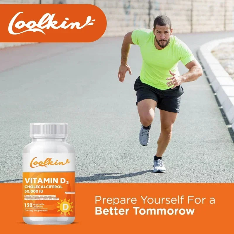 High potency Coolkin Vitamin D3 50,000 IU capsules bottle for supplement routines and nutritional support.