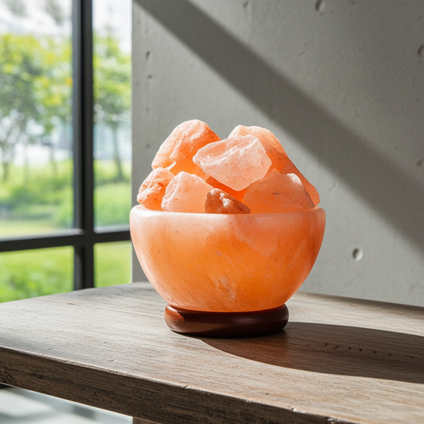 Himalayan Salt Lamp Bowl with Natural Crystal Chunks decorative salt bowl lamp for ambient lighting, relaxation, and home wellness use.