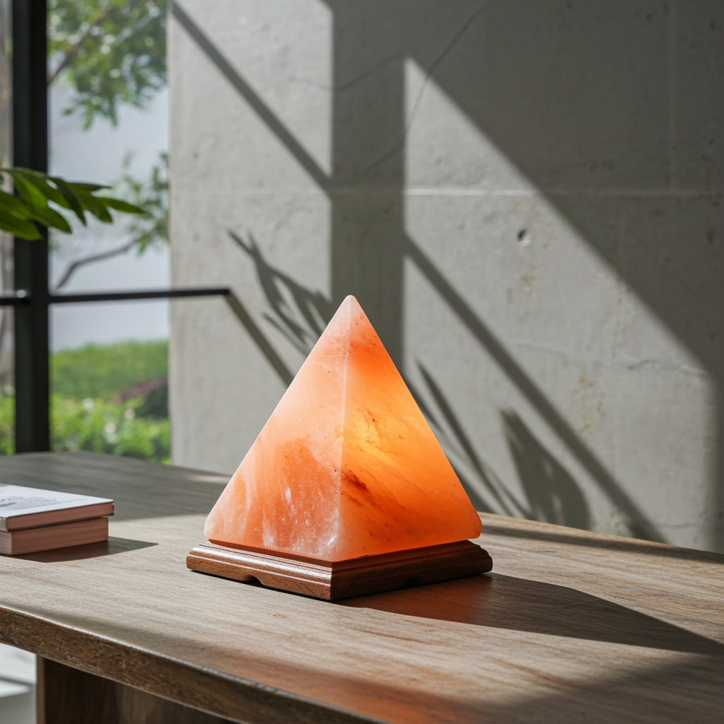 Pyramid Crystal Himalayan Salt Lamp light for calming ambiance, meditation, and bedroom decor.