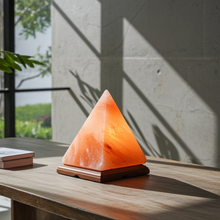 Pyramid Crystal Himalayan Salt Lamp light for calming ambiance, meditation, and bedroom decor.