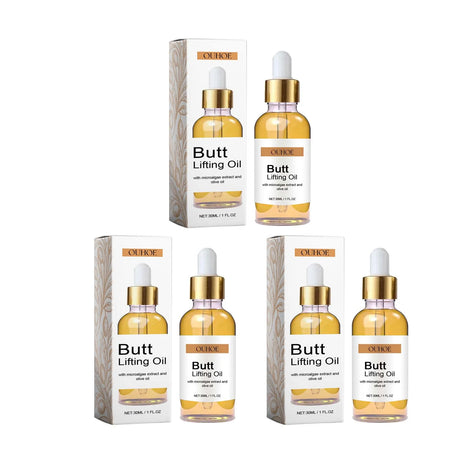 Hip firming oil bottle for buttock massage, nourishing moisture care, and smooth body skin use.
