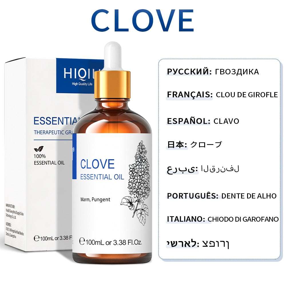 HIQILI Clove essential oil 100ml bottle and box with multilingual scent name labelling