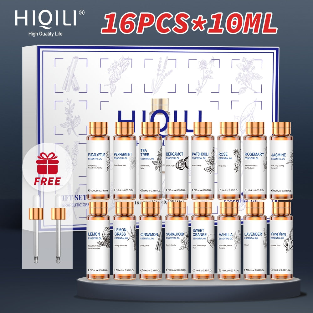 HIQILI 16-Pack Pure Essential Oils Set with 10ml bottles for aromatherapy, diffuser use, and home fragrance.
