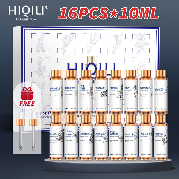 HIQILI 16-piece essential oil set: sixteen 10ml amber bottles including eucalyptus, peppermint, tea tree, bergamot, patchouli, rose, rosemary and jasmine, with two free glass droppers.